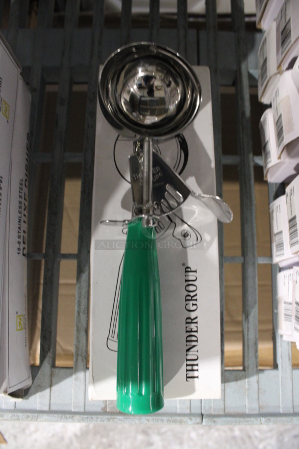 2 BRAND NEW IN BOX! Thunder Group Metal Deluxe Disher Scoopers w/ Green Handle. 8.25". 2 Times Your Bid!