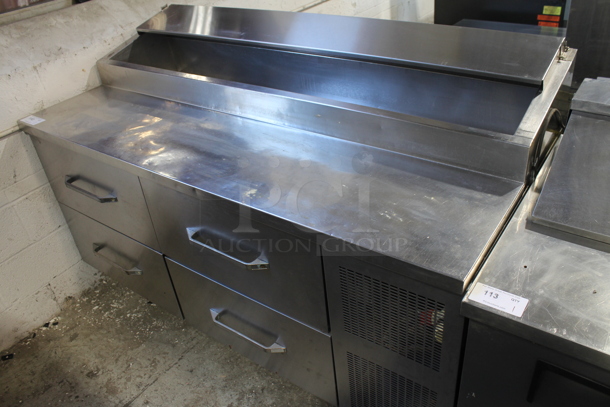 Stainless Steel Commercial Pizza Prep Table w/ 4 Drawers on Commercial Casters. 115 Volts, 1 Phase. Tested and Working!
