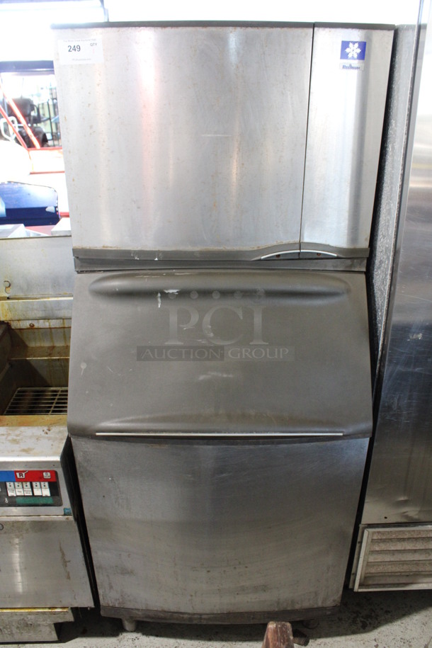 Manitowoc Model SY0504A Stainless Steel Commercial Ice Machine Head on Commercial Ice Bin. 115 Volts, 1 Phase. 30x33x64