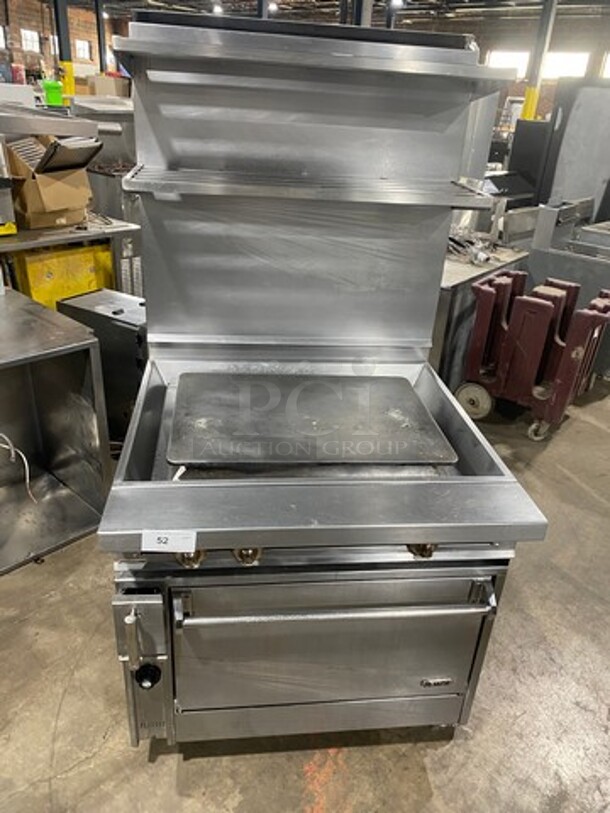 WOW! Jade Range Commercial Natural Gas Powered Plancha Flat Grill! With Raised Back Splash With Double Overhead Shelf! With Oven Underneath! All Stainless Steel! On Casters!