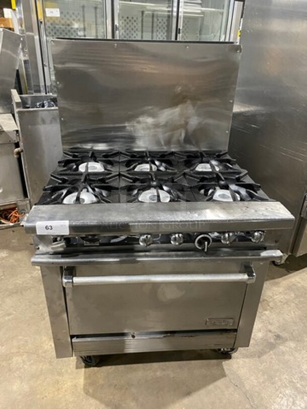 Therma Tek Commercial Natural Gas Powered 6 Burner Stove! With Raised Back Splash! With Oven Underneath! All Stainless Steel! On Casters!