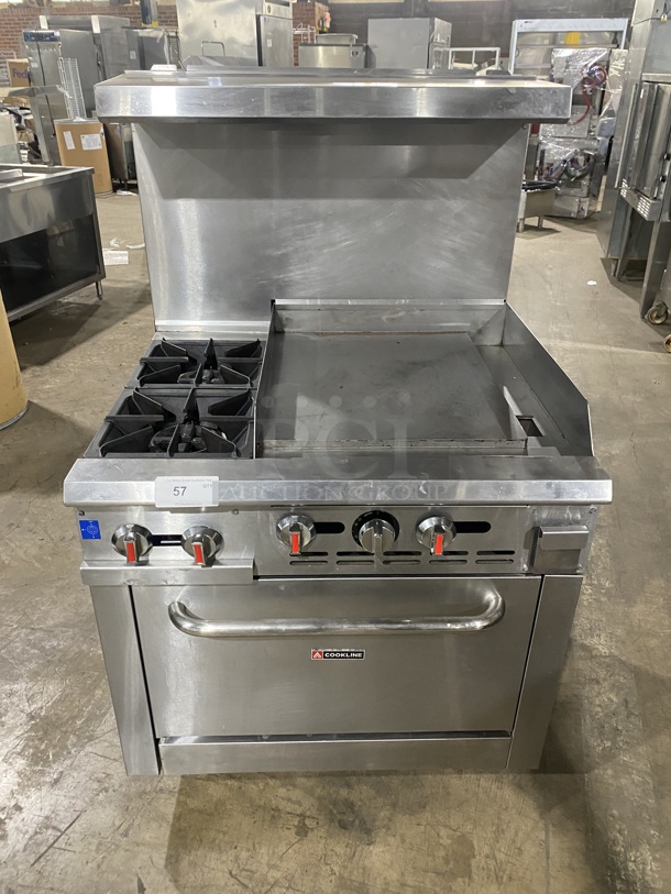 Cookline Stainless Steel Commercial Natural Gas Powered 2 Burner Range w/ Right Side Flat Top Griddle! With Oven And Back Splash! On Commercial Casters!