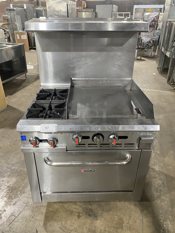 Cookline Stainless Steel Commercial Natural Gas Powered 2 Burner Range w/ Right Side Flat Top Griddle! With Oven And Back Splash! On Commercial Casters! - Item #1127581