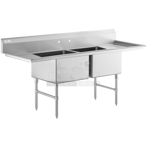 BRAND NEW SCRATCH AND DENT! Regency 600S22424224 16 Gauge Stainless Steel Two Compartment Commercial Sink with Stainless Steel Legs, Cross Bracing, and 2 Drainboards - 24" x 24" x 14" Bowls