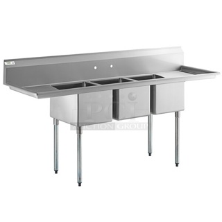 BRAND NEW SCRATCH AND DENT! Regency 600S31620218 88" 16 Gauge Stainless Steel Three Compartment Commercial Sink with Galvanized Steel Legs and 2 Drainboards - 16" x 20" x 12" Bowls No Legs. 