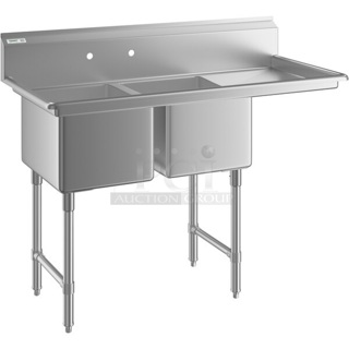 BRAND NEW SCRATCH AND DENT! Regency 600S31620218 54 1/2" 16 Gauge Stainless Steel Two Compartment Commercial Sink with Stainless Steel Legs, Cross Bracing, and 1 Drainboard - 16" x 20" x 12" Bowls - Right Drainboard. No Legs. 