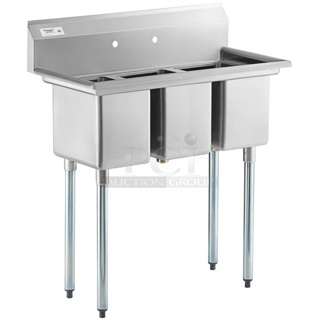 BRAND NEW SCRATCH AND DENT! Regency 600S31014 39" 16-Gauge Stainless Steel Three Compartment Commercial Sink with Galvanized Steel Legs and without Drainboards - 10" x 14" x 12" Bowls