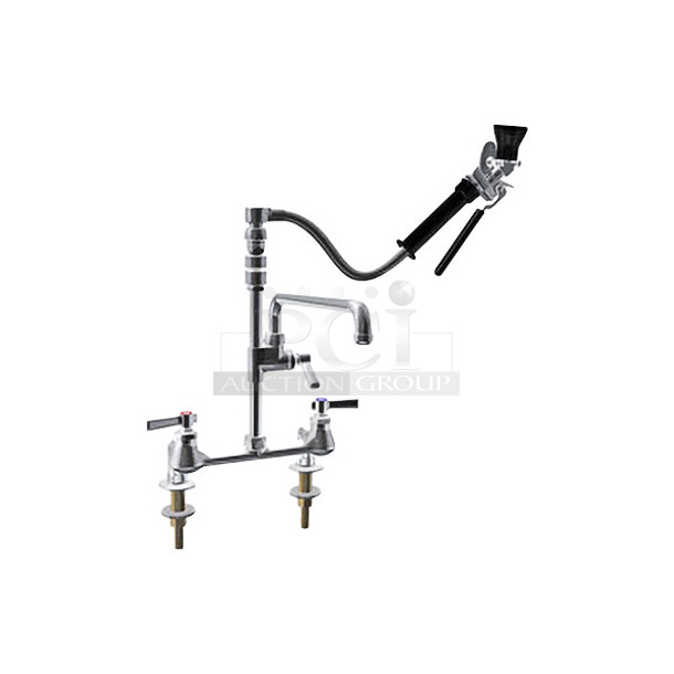 BRAND NEW SCRATCH AND DENT! Chicago Faucets AB686-117KCP 509-SSVBL12XKCAB Deck-Mounted Pre-Rinse Faucet with 8" Fixed Centers and Inline Vacuum Breaker
