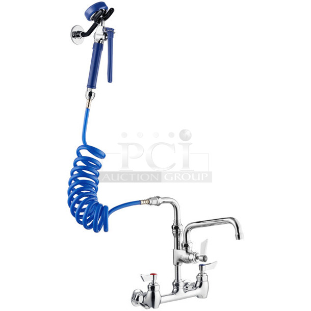 BRAND NEW SCRATCH AND DENT! Waterloo 750FWU88 2.6 GPM Wall-Mounted Pet Grooming / Utility Faucet with 8" Centers, 9' Coiled Hose, and 8" Add-On Faucet