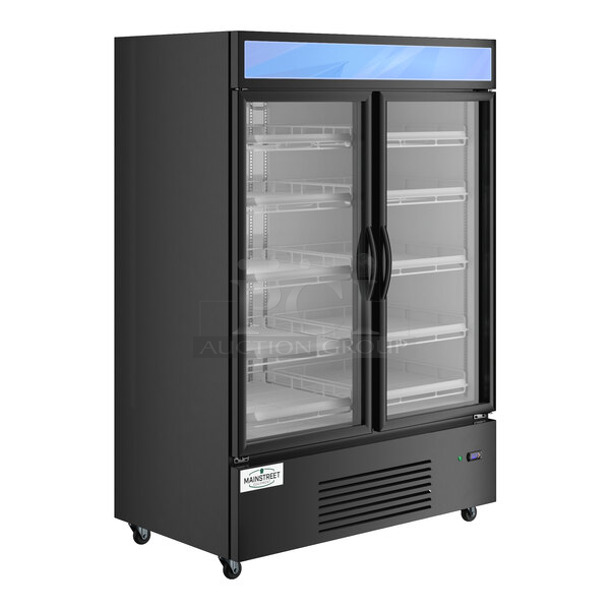 BRAND NEW SCRATCH AND DENT! 2023 Clark 829GMC49B Metal Commercial Black Swing Glass Door Merchandiser Refrigerator w/ Poly Coated Racks. 120 Volts, 1 Phase. Tested and Working!
