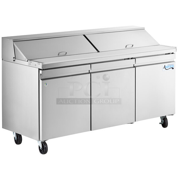 BRAND NEW SCRATCH AND DENT! 2024 Avantco 447APST72 Stainless Steel Commercial Sandwich Salad Prep Table Bain Marie Mega Top on Commercial Casters. 115 Volts, 1 Phase. - Item #1128004