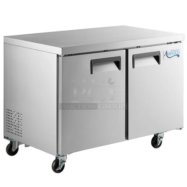 BRAND NEW SCRATCH AND DENT! 2024 Avantco 178AU48RHC Stainless Steel Commercial 2 Door Undercounter Cooler on Commercial Casters. 115 Volts, 1 Phase. - Item #1128007