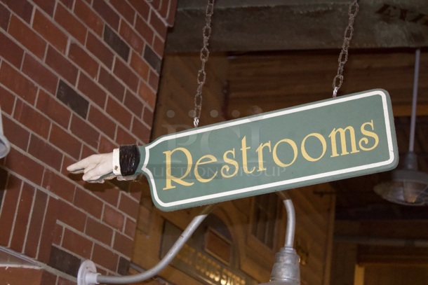 Double Sided Wooden Hanging Restrooms Sign With chain.