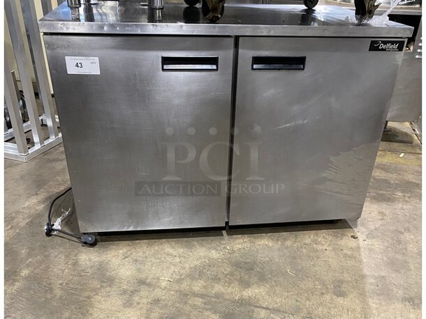 DELFIED Stainless Steel 2 Door  Worktop/Lowboy  Refrigerator W/ Poly Coated Racks! On Casters! Model UC4048 Serial 1101152001932 115V/60Hz/1 Phase 