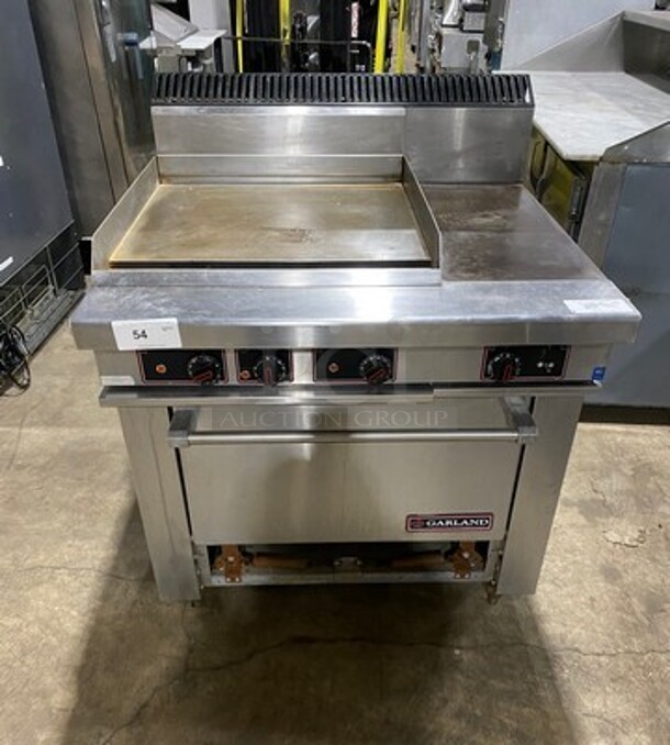 NICE! Garland Commercial Electric Powered Flat Griddle With Right Side Hot Plate! Griddle Has Side Splashes! With Back Splash! With Oven Underneath! All Stainless Steel! On Legs! WORKING WHEN REMOVED! Model: S6861R24L SN: 0009RE087R 208V 60HZ 3 Phase