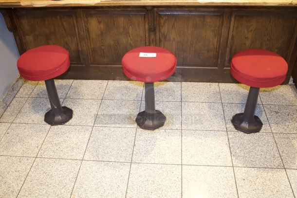 VINTAGE Set Of 3 Solid Metal Framed Barstools With Red Cushioned Seat, With Option To Bolt To Floor. 19" High 3x Your Bid