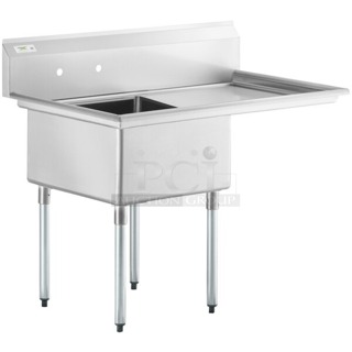 BRAND NEW SCRATCH & DENT! Regency 16 Gauge Stainless Steel One Compartment Commercial Sink and 1 Right Side Drainboard - 23" x 23" x 12" Bowl. Damaged where the legs connect, back right corner. see photos. 