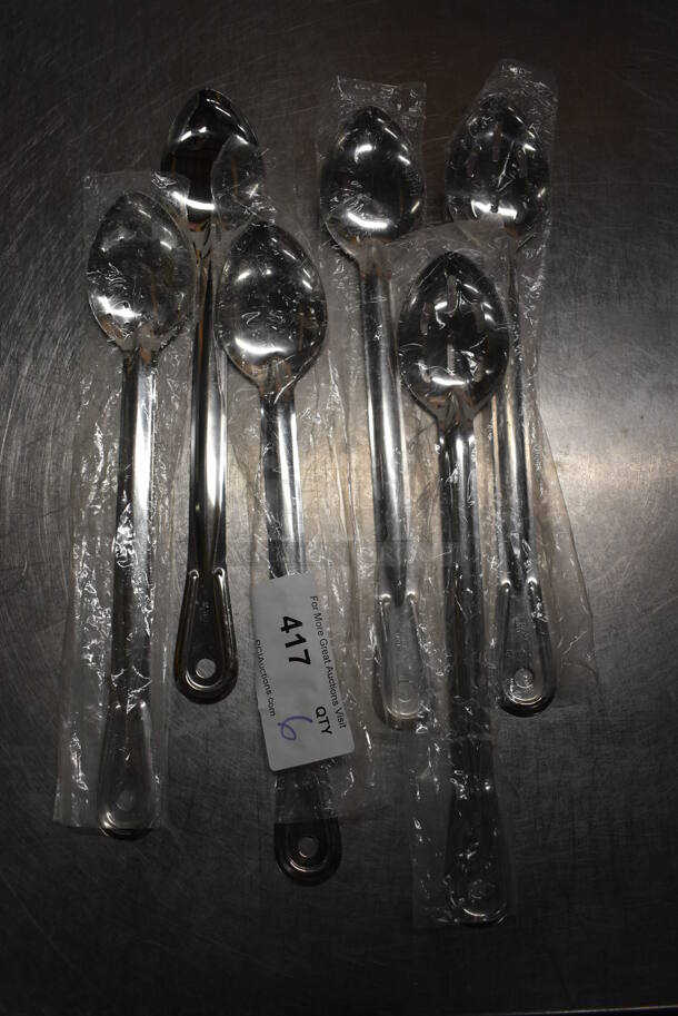 6 BRAND NEW! Stainless Steel Serving Spoons; 3 Solid, 3 Straining. 15". 6 Times Your Bid!