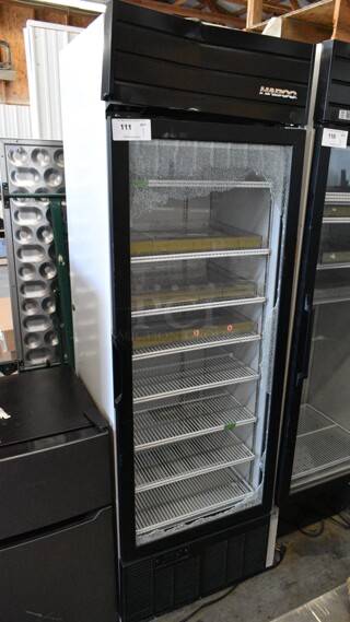 2019 Habco SE18 Metal Commercial Single Door Reach In Cooler Merchandiser w/ Poly Coated Racks. See Pictures for Broken Glass. 115 Volts, 1 Phase. Tested and Working!