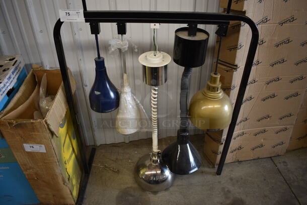 Black Metal Store Heat Lamp Display Stand w/ 5 Various Heat Lamps. 36x19x47