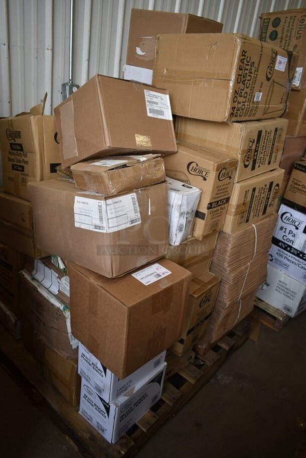 PALLET LOT of 37 BRAND NEW! Boxes Including 2 Box 130HKCL1M Visions Clear Heavy Weight Plastic Knife - Case of 1000, 147LOTSAN1G Noble Chemical 1 Gallon / 128 oz. Low Temp San Concentrated Dish Washing Machine Sanitizer - 4/Case, 267020008 Choice Dominion 8 3/8" Stainless Steel Dinner Knife - 12/Case, 612D3COMP Choice 8 1/2"x 6 3/8" 3-Compartment Oblong Foil Take-Out Container with Board Lid - 250/Case, 612605070HD Choice Full Size Heavy-Duty Foil Steam Table Pan Deep 3 3/8" Depth - 50/Case, 129MCS28B Choice 28 oz. Black Rectangular Microwavable Heavy Weight Container with Lid 8 3/4" x 6 1/4" x 1 3/4" - 150/Case, 3 Box Choice Plastic Tshirt Bags, 500CC24 Choice Clear PET Customizable Plastic Cold Cup - 24 oz. - 600/Case, 130LID12 Visions 12" Clear PET Plastic Round Catering Tray High Dome Lid - 25/Case, Cardboard Boxes. 37 Times Your Bid!