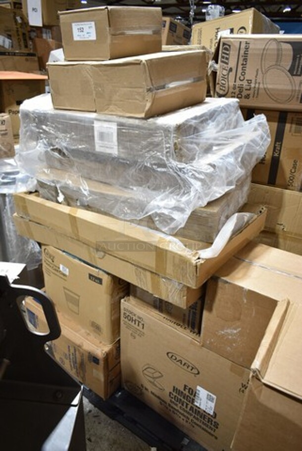 PALLET LOT of 25 BRAND NEW Boxes Including 50HT1 Dart Foam Hinged Container, Eliat 726 Paper Plates, 500TW12 Choice Translucent Thin Wall Plastic Cold Cup, 923272  82" White OctyRound Tissue / Poly Table Cover - 12/Case, Choice Smoothwall Foil Takeout Containers, 128HD12COMBO ChoiceHD 12 oz. Microwavable Translucent Plastic Deli Container and Lid Combo Pack - 240/Case, 5008RIPKRPE Choice 8 oz. Squat Double Wall Ripple Kraft Paper Hot Cup - 500/Case, 245CPB12 PRINT Choice 12" x 12" x 2" Kraft Corrugated Pizza Box Bulk Pack - 50/Bundle, 1501405 Choice White Kraft Disposable Silverware, 433TRAY300 EcoChoice 9" x 7" Molded Fiber / Pulp Rectangular Tray - 250/Case, 2 Box 612P527 Choice 7" Clear Round Plastic Dome Lid - 500/Case. 25 Times Your Bid! 