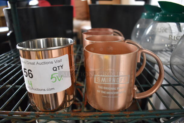 5 Copper Colored Metal Items; 4 Mugs and 1 Cup. Includes 5x3x3.5. 5 Times Your Bid!
