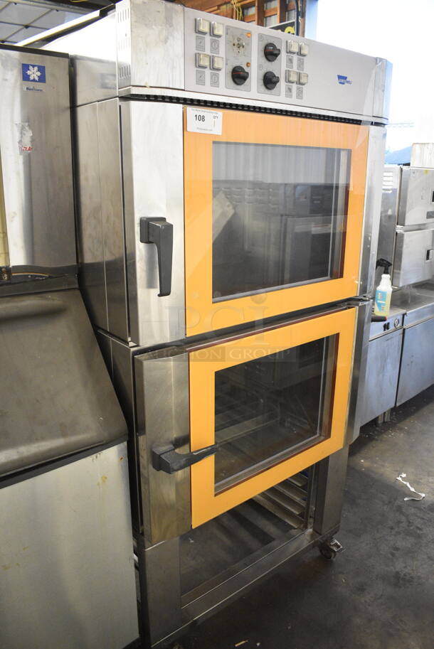 Wiesheu Stainless Steel Commercial Double Deck Convection Oven on Pan Rack w/ Commercial Casters. 208-240 Volts, 3 Phase.