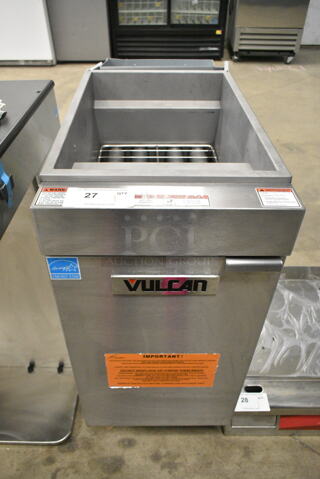 BRAND NEW SCRATCH AND DENT! Vulcan 1VEG50M-1 Stainless Steel Commercial Floor Style Natural Gas Powered Deep Fat Fryer. Missing Back Piece. 85,000 BTU 