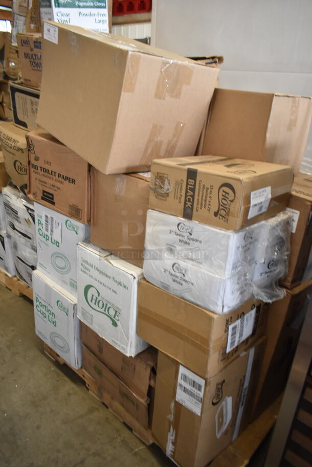 PALLET LOT of 30 BRAND NEW Boxes Including 24515112CB Baker's Mark White CustomizBLE Auto-Popup Donut/Bakery Box, 129MCS28W Choice 28 oz. White 8 3/4" x 6 1/4" x 1 3/4" Rectangular Microwavable Heavy Weight Container with Lid - 150/Case, 4 Boxes 130TASTERSP Choice 3" White Plastic Tasting Spoon - 3000/Case, 129MCS12B Choice 12 oz. Black 6" x 4 3/4" x 1 3/4" Rectangular Microwavable Heavy Weight Container with Lid - 150/Case, 966TALLFLDB Choice White Tall-Fold 6" x 13" Dispenser Napkin - 8000/Case, 357EQUALIZ14 FLAT Tech Equalizers 1/4"-20 Thread Black Table Leveler - 4/Pack - From Group (OD Kit) 349C3024SEQ, 5001TPJ Lavex 1-Ply Jumbo 1400' Toilet Paper Roll with 9" Diameter - 12/Case, 2 Box 127PL400 Choice PET Plastic Lid for 3.25 to 5.5 oz. Souffle Cup / Portion Cup - 2500/Case, 2451282CB Baker's Mark 12" x 8" x 2 1/4" White Customizable Auto-Popup Donut / Bakery Box - 200/Case. 30 Times Your Bid!