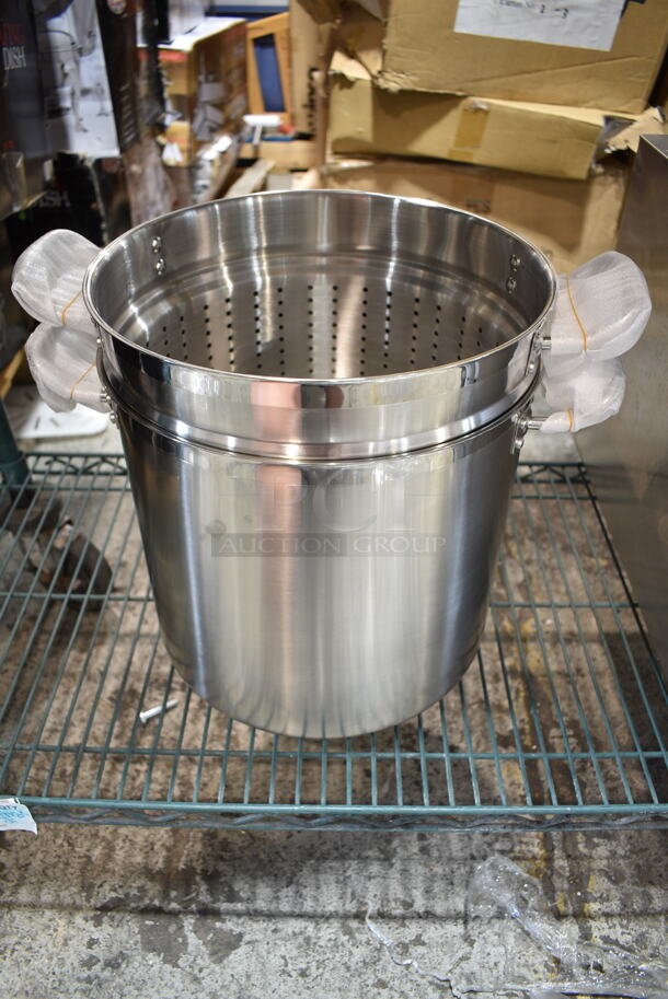 BRAND NEW! Winco SSDB-20S Stainless Steel Stock Pot w/ Steamer Insert. 