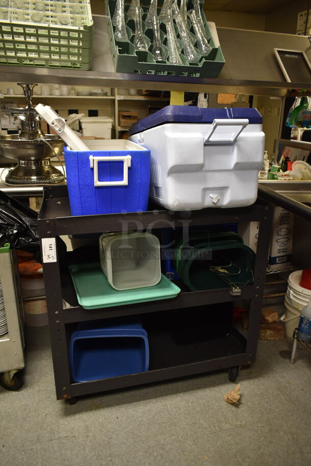 Poly 3 Tier Cart w/ Contents Including Portable Coolers on Commercial Casters. (dish room)