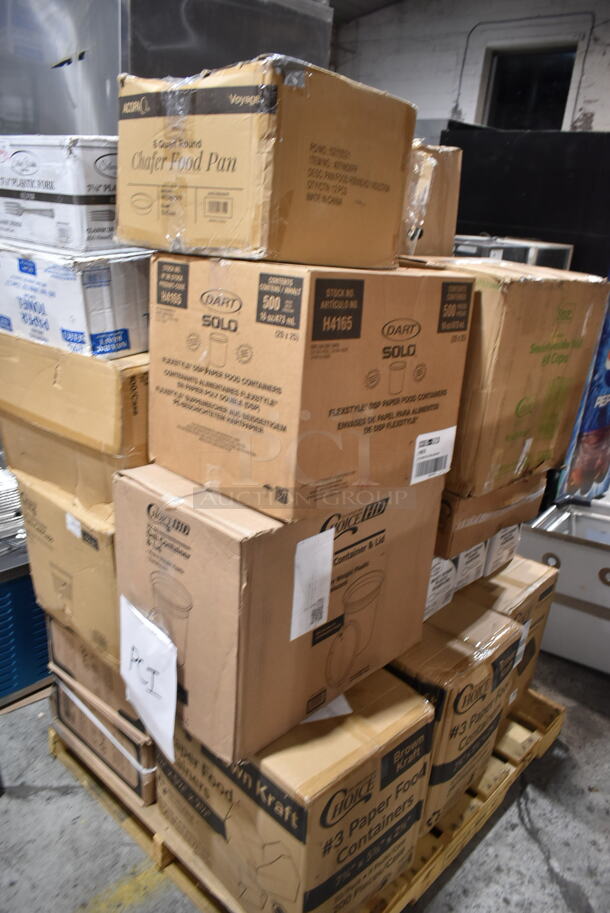 PALLET LOT of 24 BRAND NEW Boxes Including PP883 3 Compartment Containers, 500TW12 Choice 12 oz. Translucent Thin Wall Plastic Cold Cup - 1000/Case, Lavex Paper Towel, Silver Visions 7-1/4" Forks, 500TO993 Choice 9" x 9" x 3" Microwaveable 3-Compartment Black / Clear Plastic Hinged Container - 100/Case, 128HD32COMBO ChoiceHD 32 oz. Microwavable Translucent Plastic Deli Container and Lid Combo Pack - 240/Case, 795PTOKFT3 Choice Kraft Microwavable Folded Paper #3 Take-Out Container 7 3/4" x 5 1/2" x 2 1/2" - 200/Case, 3 Box 130HSWH1M Visions White Heavy Weight Plastic Teaspoon - Case of 1000, 130BKFSNSPH Visions Heavy Weight Black Wrapped Plastic Cutlery Pack with Napkin, 500FLAT Flat Lids, Choice 6 lb Paper SOS Bag. 24 Times Your Bid!