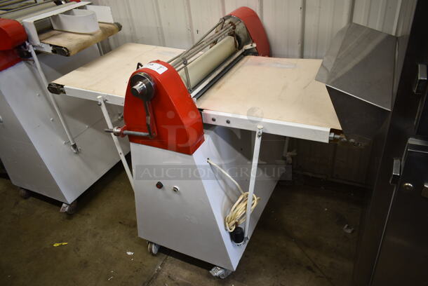Metal Commercial Floor Style Reversible Dough Sheeter on Commercial Casters. 240 Volts, 3 Phase.