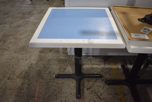 3 Blue and White Dining Table on Black Metal Table Base. 24x24x29. 3 Times Your Bid!