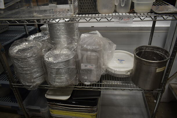 ALL ONE MONEY! Tier Lot of Various Items Including Disposable Aluminum Round Pans and Stainless Steel Cylindrical Bin. 