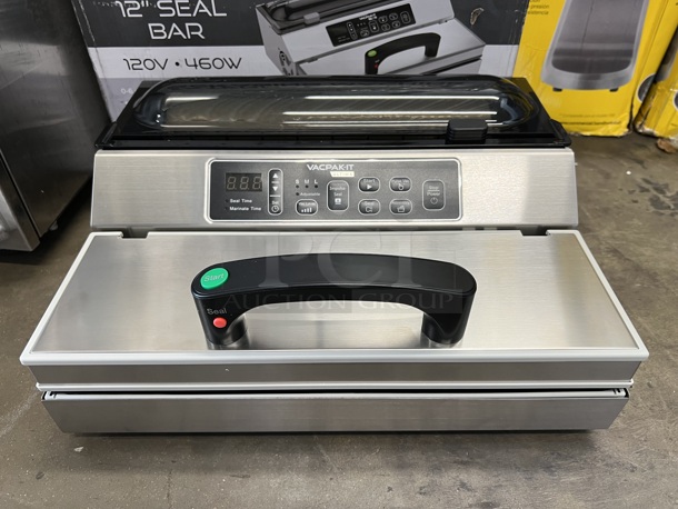 BRAND NEW IN BOX! Vacpak-it Model 186UVME12SS Ultima Stainless Steel Commercial Countertop External Vacuum Sealer. 120 Volts, 1 Phase. 