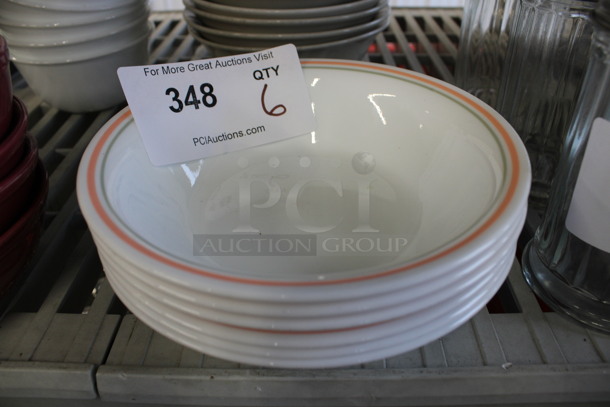 6 White Ceramic Bowls w/ Orange and Gray Line on Rim. 7.5x7.5x2. 6 Times Your Bid!