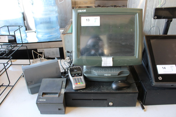 Micros 15" POS Monitor, Epson Model M129H Receipt Printer, FirstData Credit Card Reader, Change Dispenser and Metal Cash Drawer