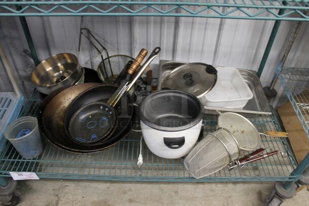 ALL ONE MONEY! Tier Lot of Various Items Including Metal Skillets, Strainers and Hamilton Beach Unit