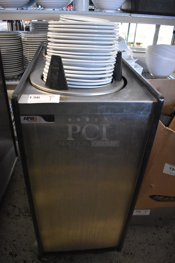 APW Wyott ML2-9-5P Stainless Steel Commercial 2 Well Plate Dispenser w/ 9" Plates on Commercial Casters. 15.5x30.5x45