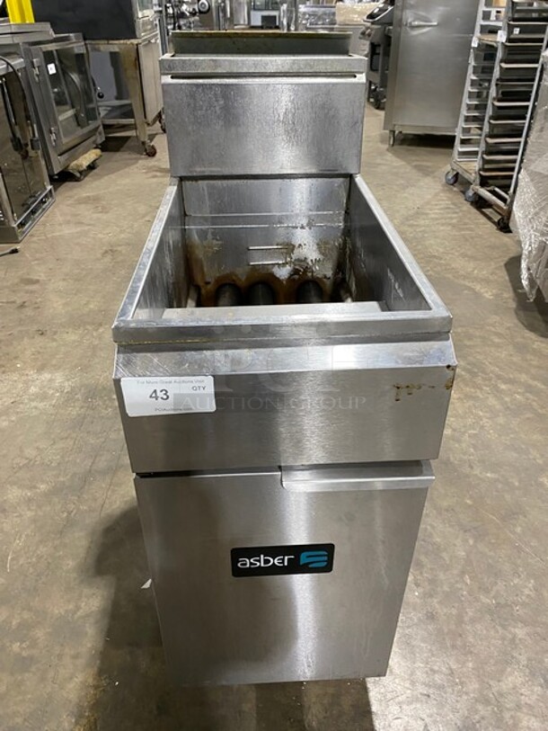 Asber Commercial Natural Gas Powered Deep Fat Fryer! With Backsplash! All Stainless Steel! On Casters! - Item #1116334