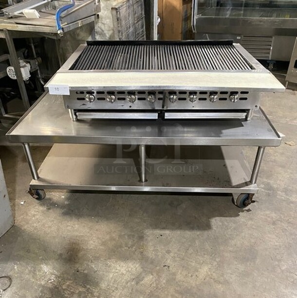 Bakers Pride Commercial Countertop Natural Gas Powered 48 Inch Char Broiler Grill! On Commercial 60 Inch Equipment Stand! With Underneath Storage Space! All Stainless Steel! On Casters! Working When Removed! Model XX8 Serial 592381707002! - Item #1116120