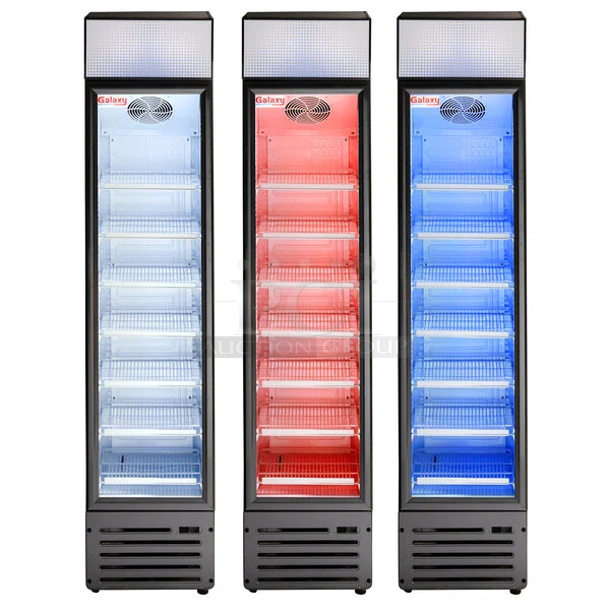 BRAND NEW SCRATCH & DENT! Galaxy GDN-5 16 1/2" Black Swing Glass Door Merchandiser Refrigerator with Red, White, and Blue LED Lighting. Has not been tested yet due to excessive heat. 16-9/16x17-1/2x74. 