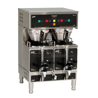 BRAND NEW SCRATCH AND DENT! Curtis 945GEM12D10 Gemini Stainless Steel Twin Digital Satellite Coffee Brewer w/ Hot Water Dispenser, 2 Satellite Servers and 2 Poly Brew Baskets. 220 Volts, 1 Phase. 