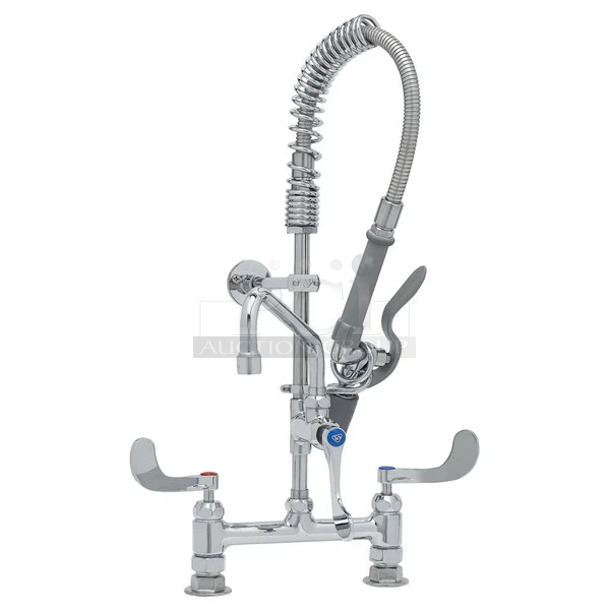 BRAND NEW SCRATCH AND DENT! T&S MPY-8DWN-08-CR EasyInstall Deck Mounted 24 3/4" High Mini Pre-Rinse Faucet with Adjustable 8" Centers, Low Flow Spray Valve, 4" Wrist Action Handles, 24" Hose, 8" Add-On Faucet, and 6" Wall Bracket