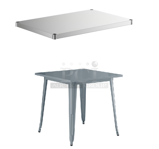 3 BRAND NEW SCRATCH AND DENT! Items; 2 Regency 460SS2436  Spec Line 24" x 36" NSF Stainless Steel Solid Shelf and 164DA3232CHR Lancaster Table & Seating Alloy Series 32" x 32" Charcoal Standard Height Outdoor Table. 3 Times Your Bid!