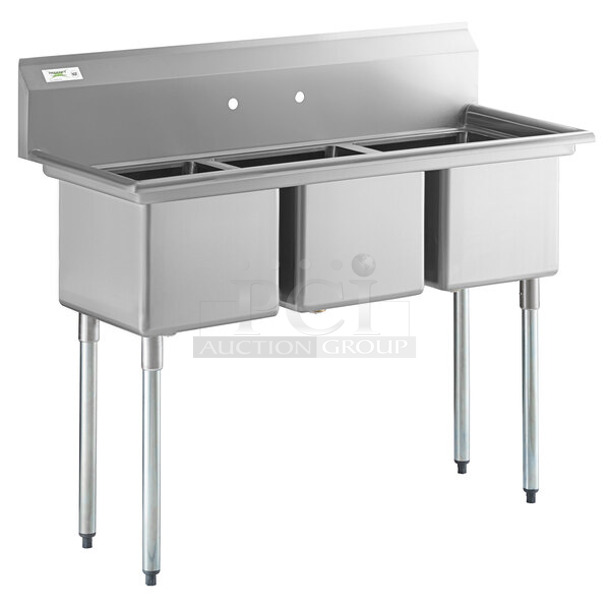 2 BRAND NEW SCRATCH AND DENT! Regency 600S31515 54" 16-Gauge Stainless Steel Three Compartment Commercial Sink with Galvanized Steel Legs and without Drainboards - 15" x 15" x 12" Bowls. No Legs. 2 Times Your Bid! 