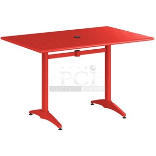 BRAND NEW SCRATCH & DENT! Lancaster Table & Seating 32" x 48" 427CAU3248RD Red Powder-Coated Aluminum Dining Height Outdoor Table with Umbrella Hole. In original packaging. Paint is lightly lightly scratched. 