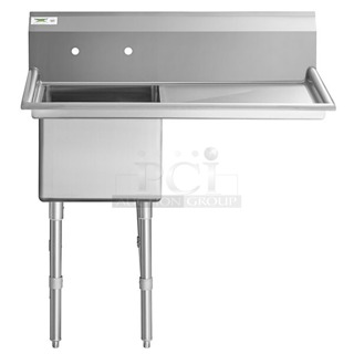 BRAND NEW SCRATCH & DENT! Regency 44" 16-Gauge Stainless Steel One Compartment Commercial Sink with Stainless Steel Legs, Cross Bracing, and 1 Right Side Drainboard - 17" x 23" x 12" Bowl. - Sink Component Only. Unit is dented. 